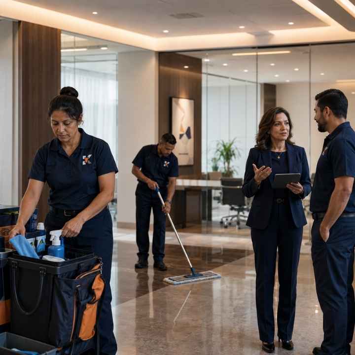 Commercial cleaning team members in a professional lobby