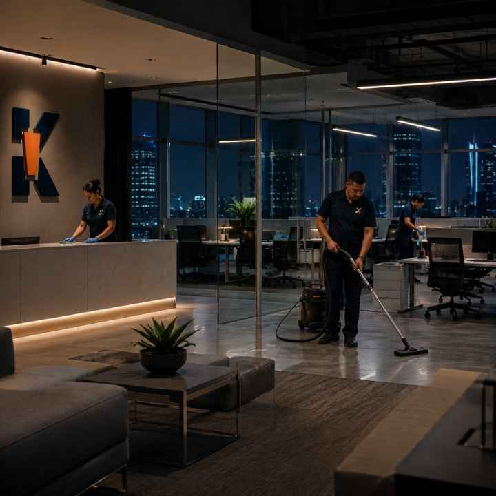 Professional commercial cleaner preparing an empty office