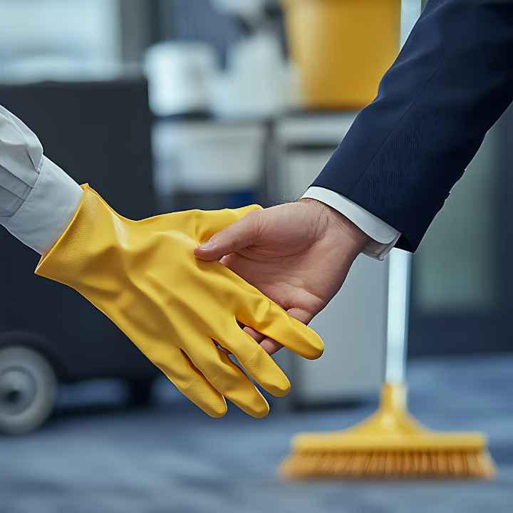 A cleaner working in an empty office corridor after hours